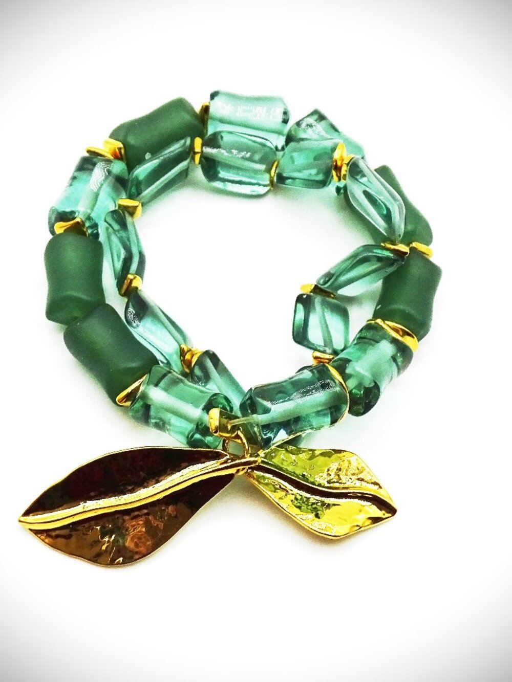 ROBERT LEE MORRIS Gold Plated & Green Resin Beads Two Strand Stretch Bracelet